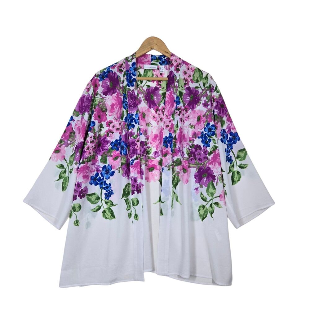 Susan Graver Cardigan Jacket Top sz L White Multicolor Floral Open Front Boho